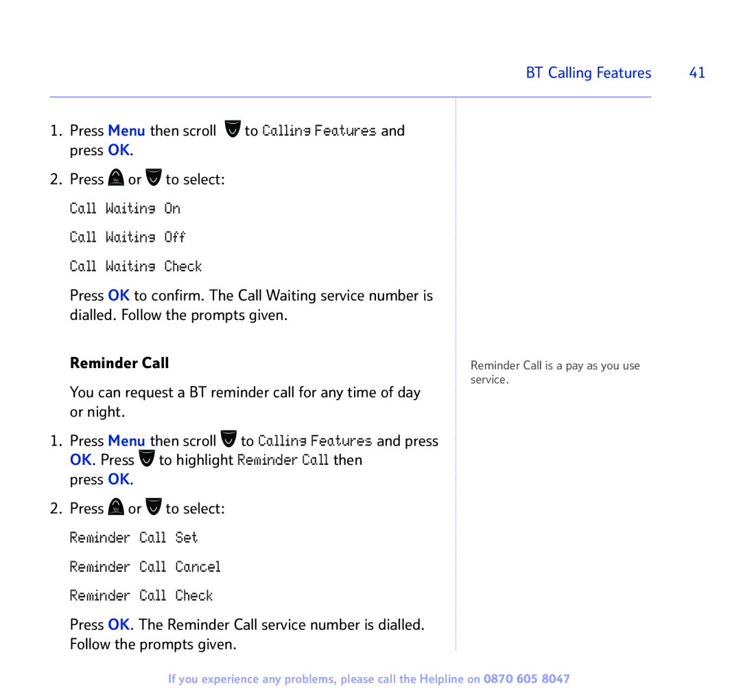 BT 2300 manual Reminder Call is a pay as you use service 
