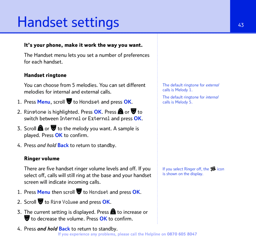 BT 2300 manual Handset settings 