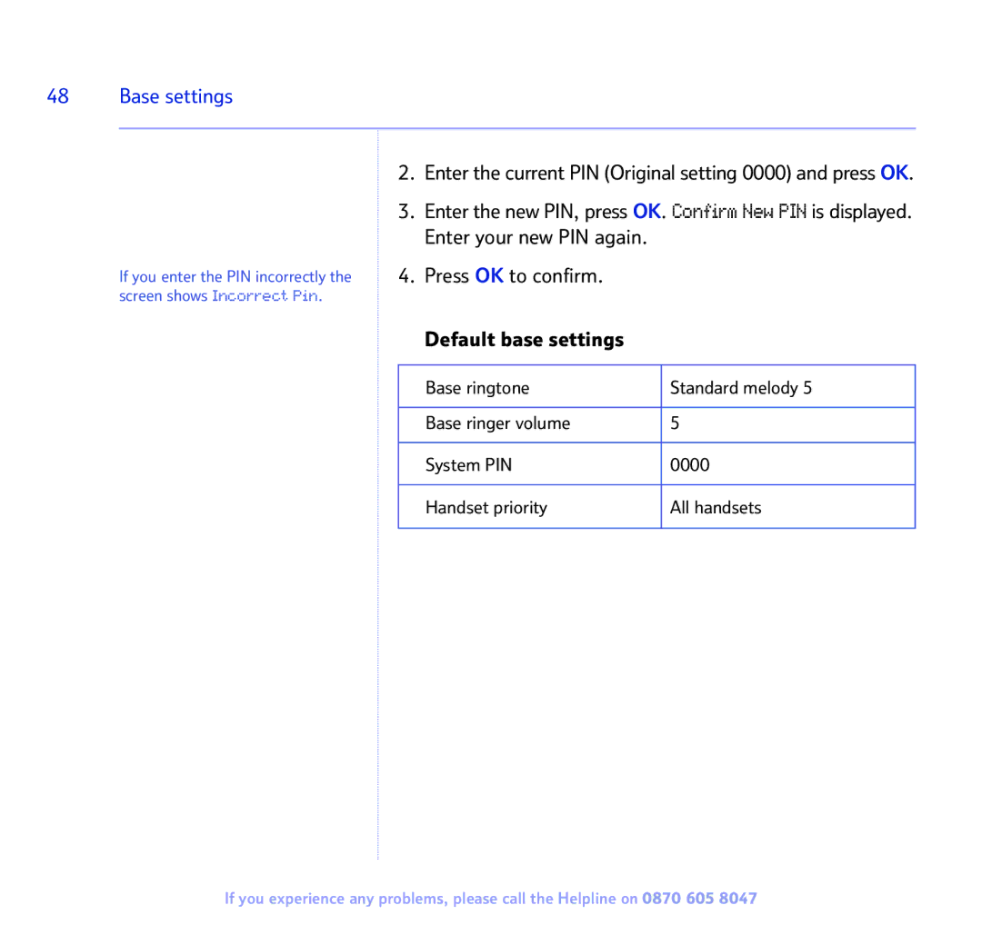 BT 2300 manual Base settings, Enter the current PIN Original setting 0000 and press OK 