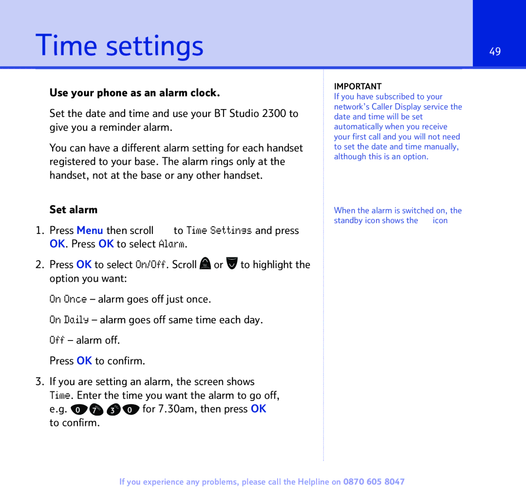 BT 2300 manual Time settings, To confirm 