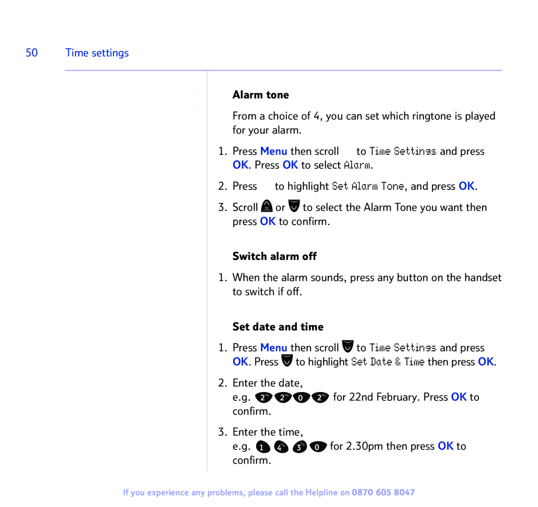 BT 2300 manual Time settings, Confirm, For 2.30pm then press OK to 