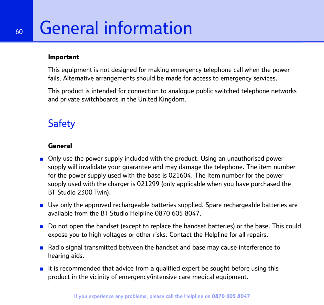 BT 2300 manual General information, Safety 