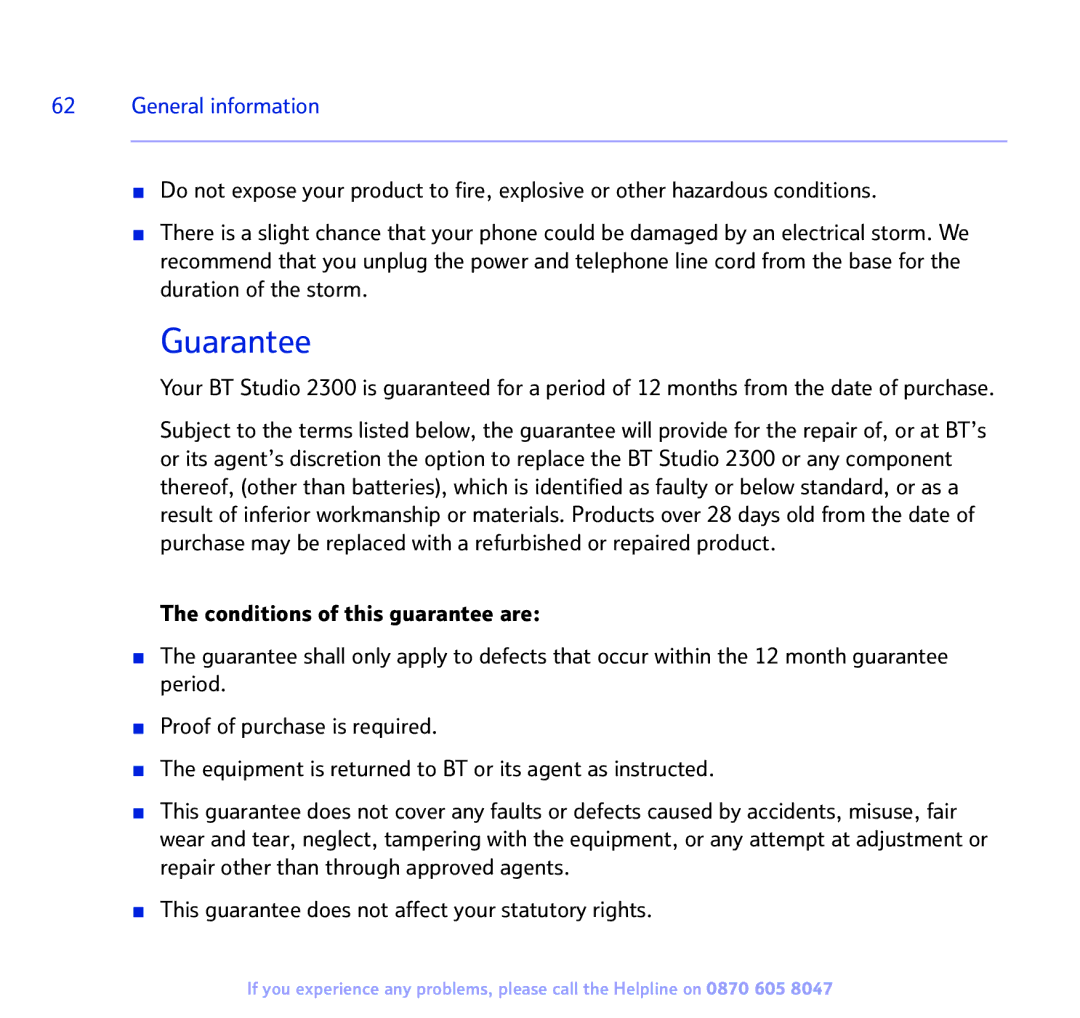 BT 2300 manual Guarantee, General information 