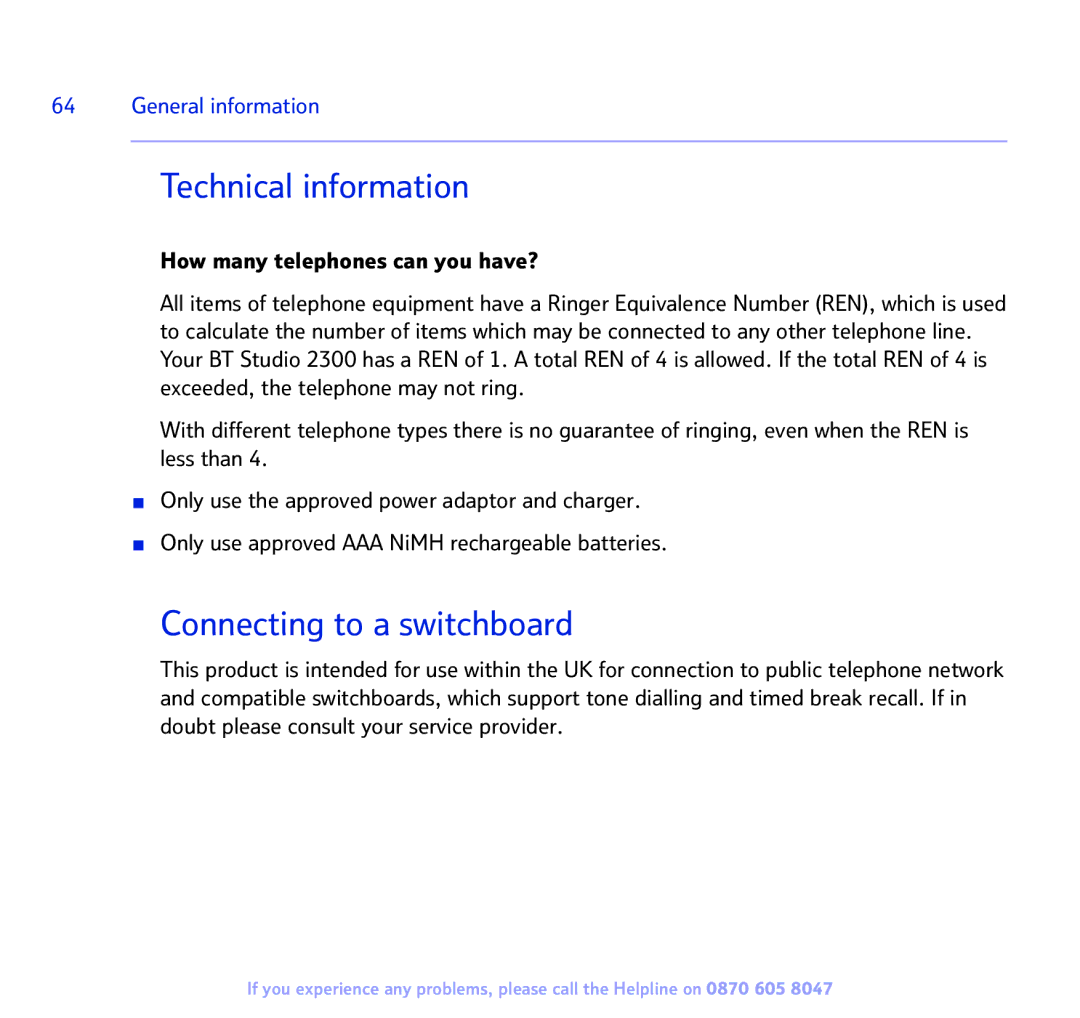 BT 2300 manual Technical information, Connecting to a switchboard 