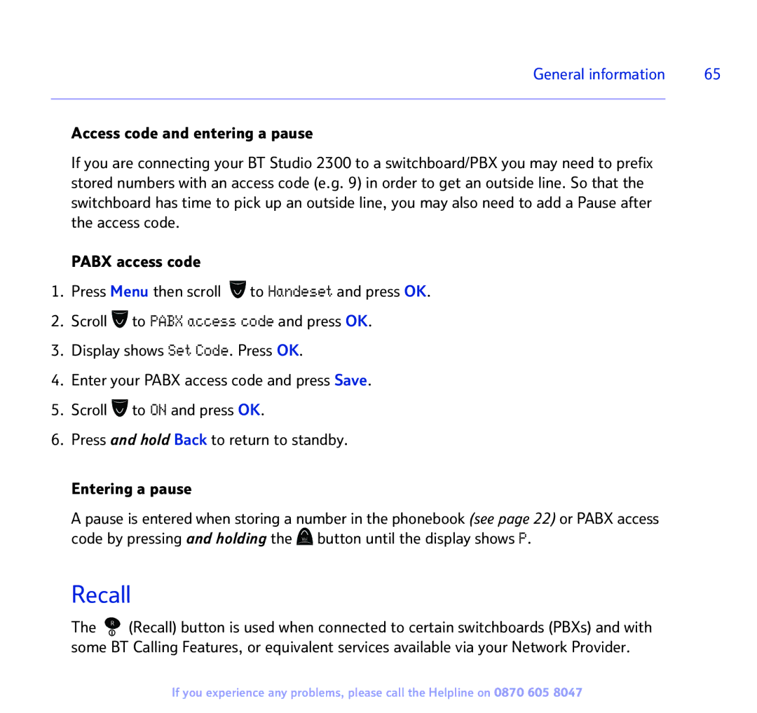 BT 2300 manual Recall 