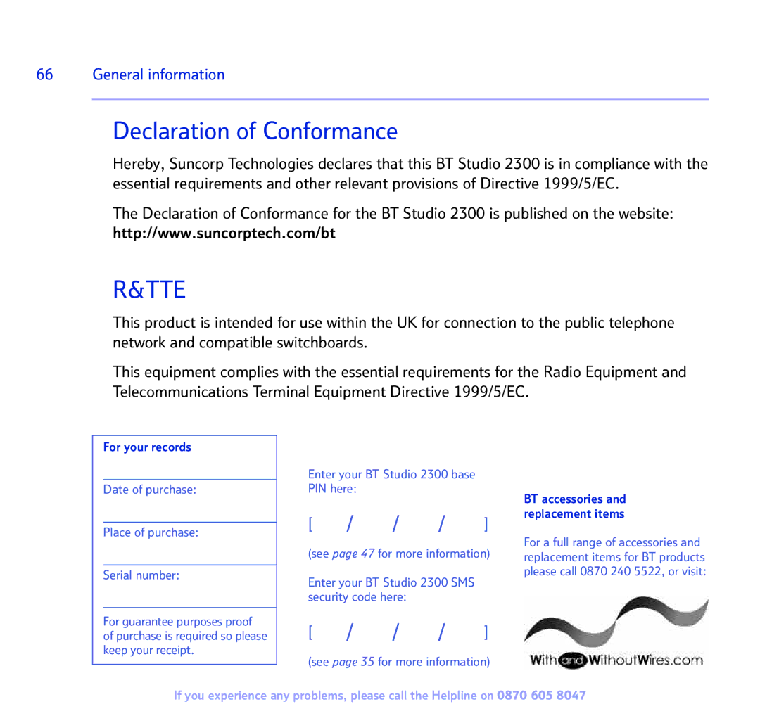 BT 2300 manual Declaration of Conformance, Tte 