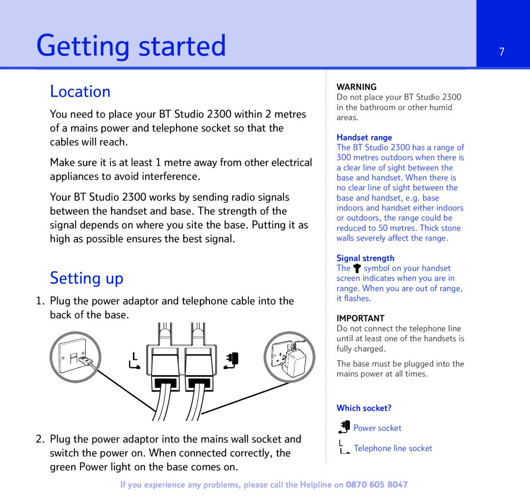 BT 2300 manual Getting started, Location, Setting up 