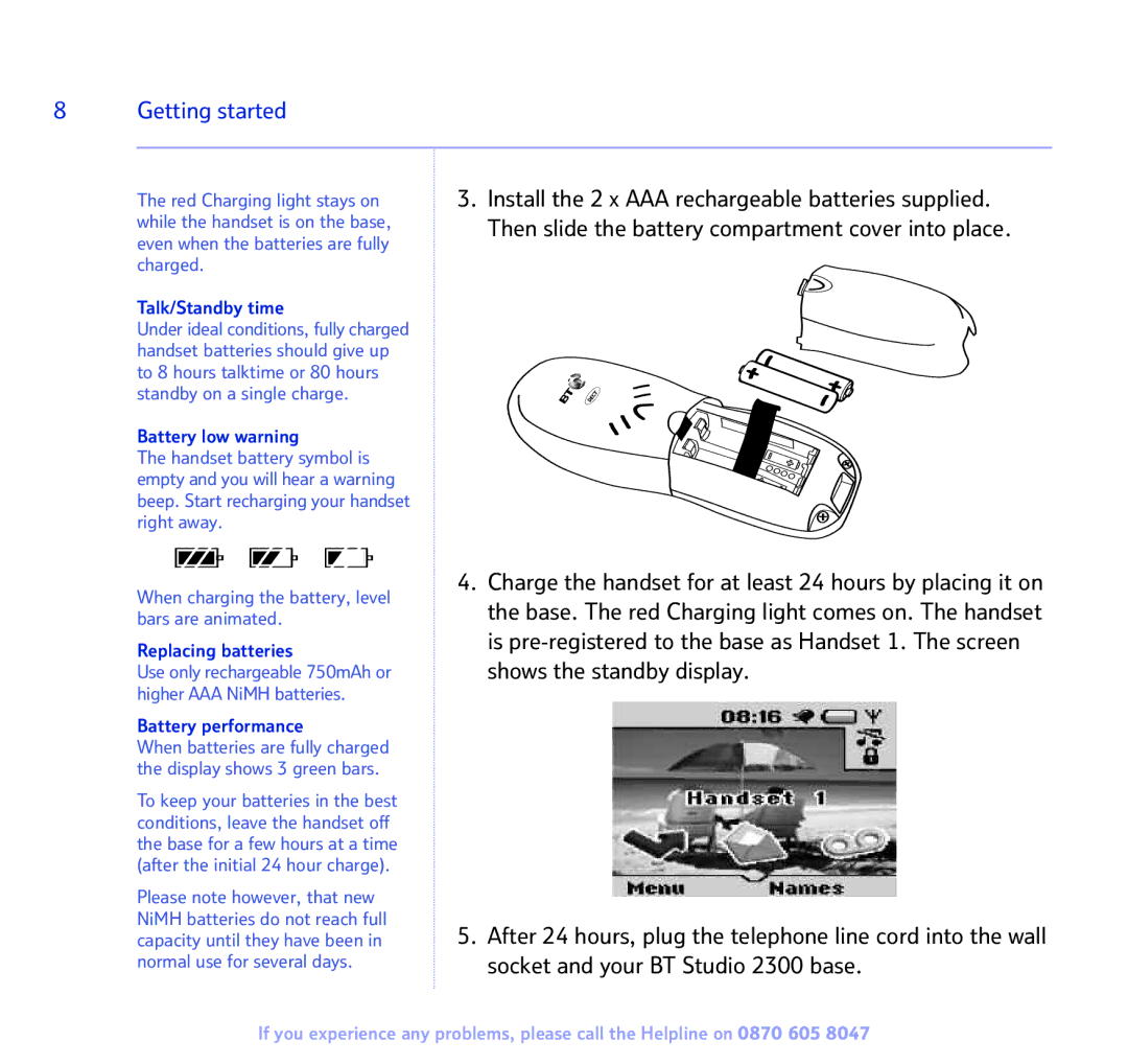 BT 2300 manual Getting started, Talk/Standby time 