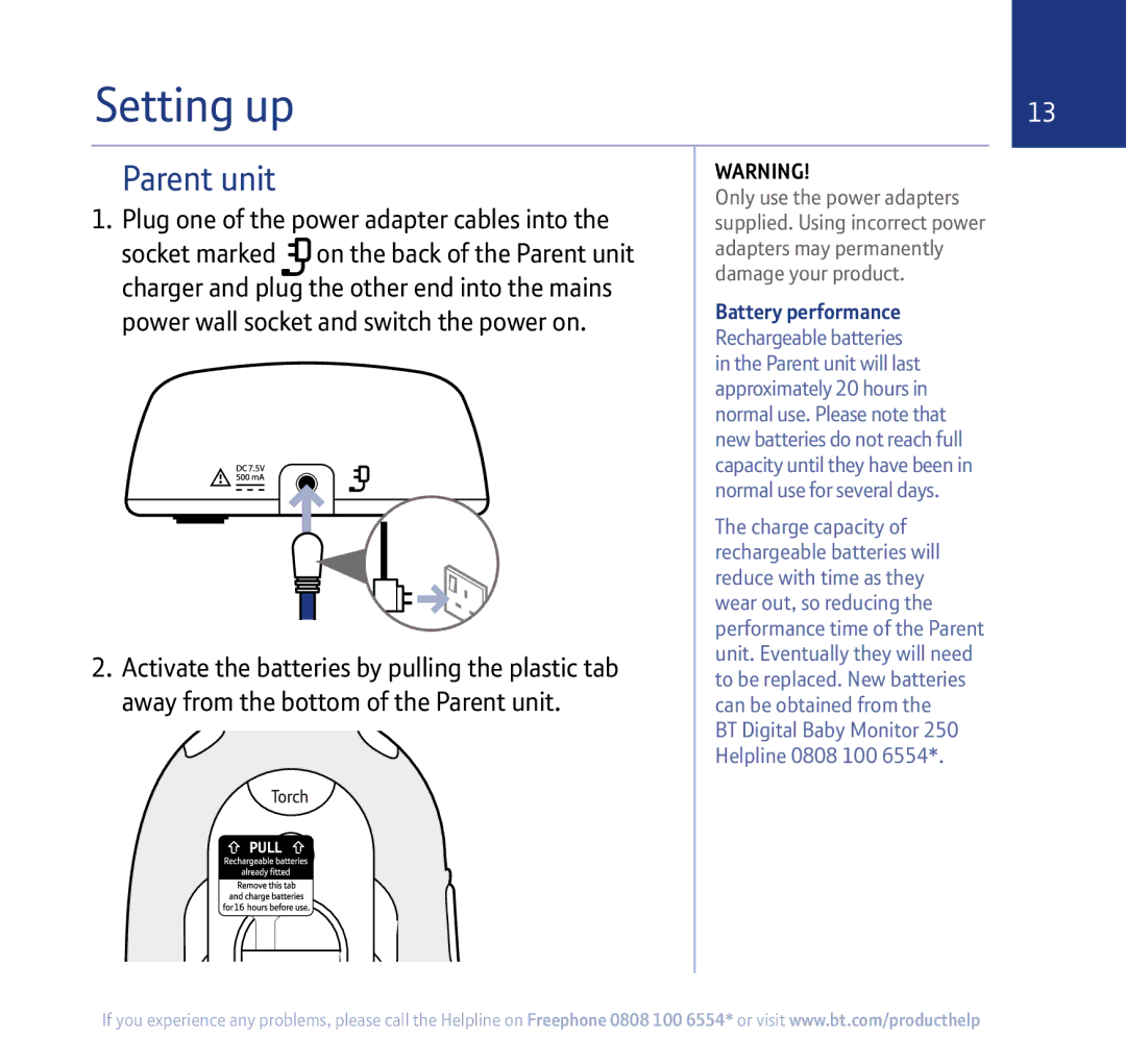 BT 250 manual Setting up, Parent unit 