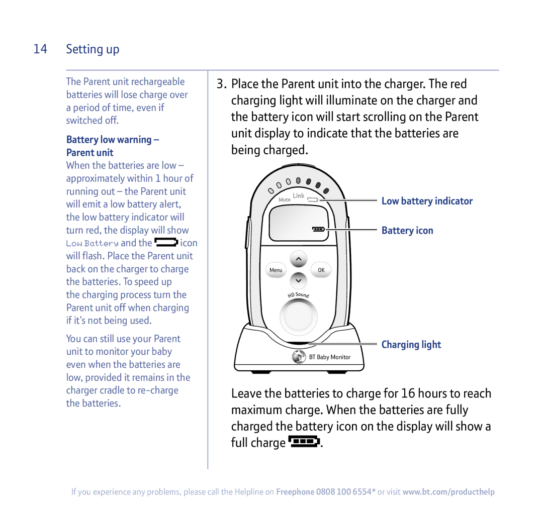 BT 250 manual Parent unit, Low battery indicator, Battery icon 