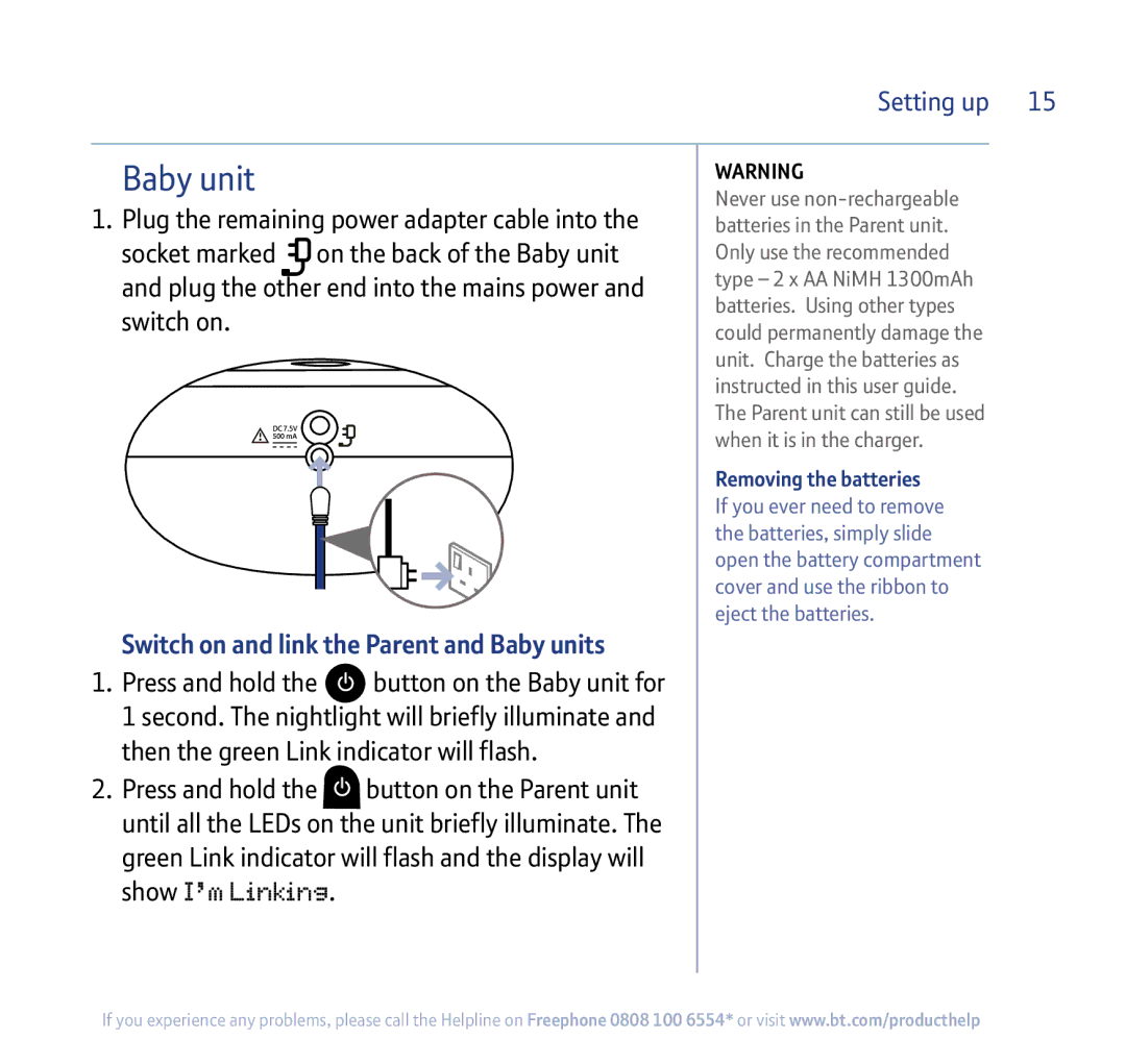 BT 250 manual Switch on and link the Parent and Baby units 