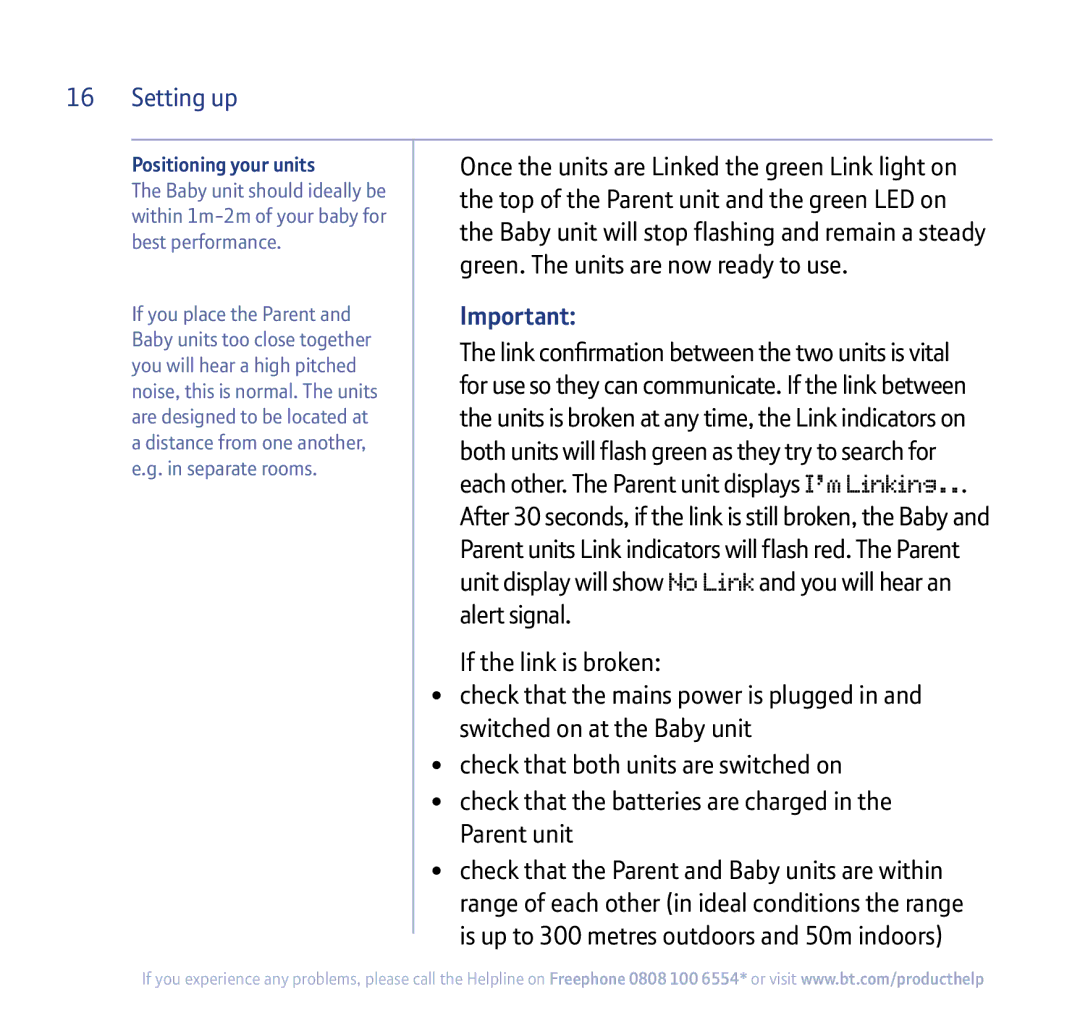 BT 250 manual Top of the Parent unit and the green LED on, Positioning your units 
