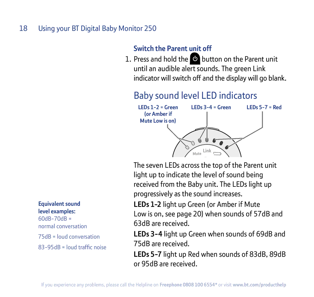 BT 250 manual Baby sound level LED indicators, Switch the Parent unit off 