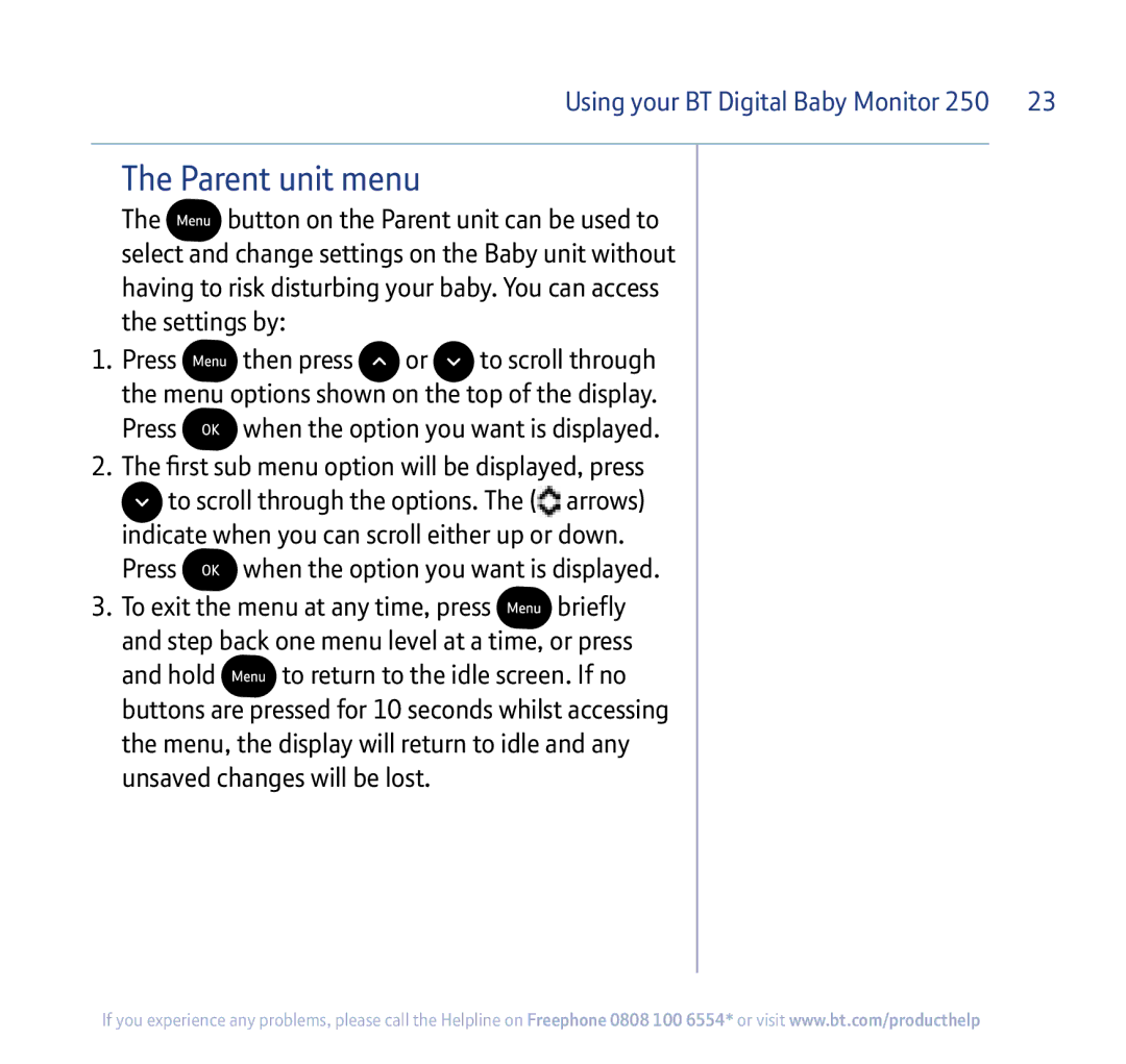 BT 250 manual Parent unit menu, Press 