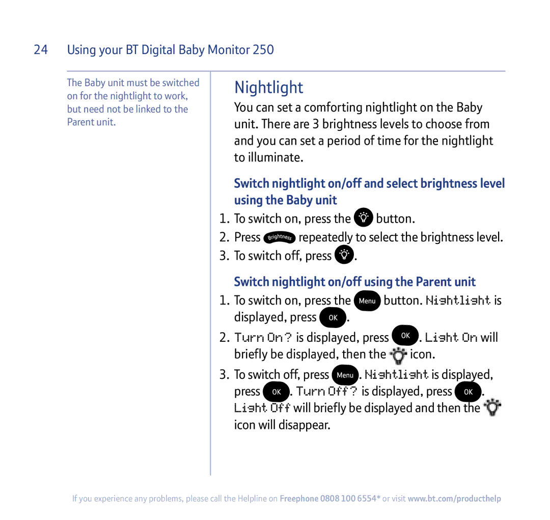 BT 250 manual Nightlight, Switch nightlight on/off using the Parent unit 