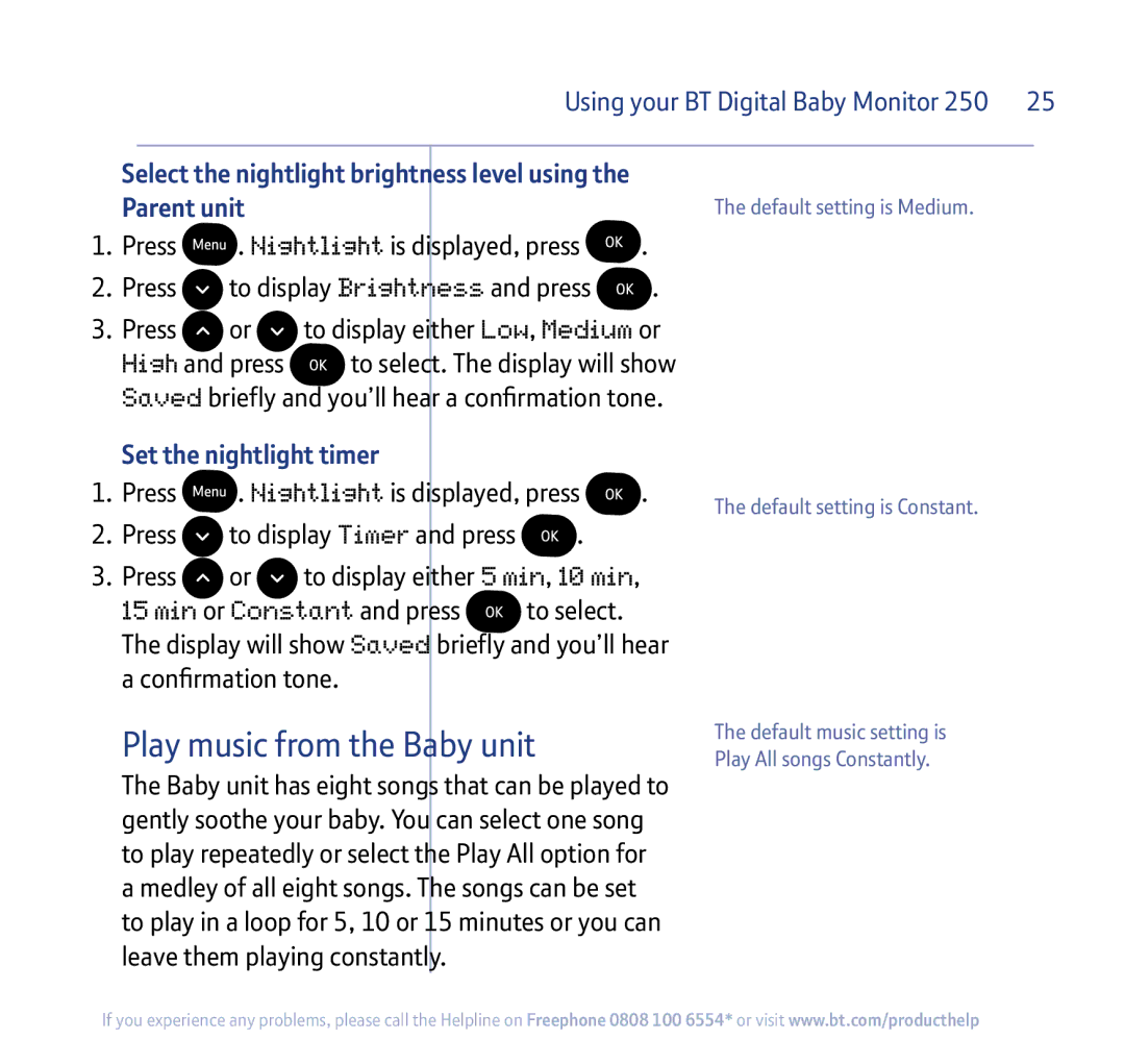 BT 250 manual Play music from the Baby unit, Set the nightlight timer 