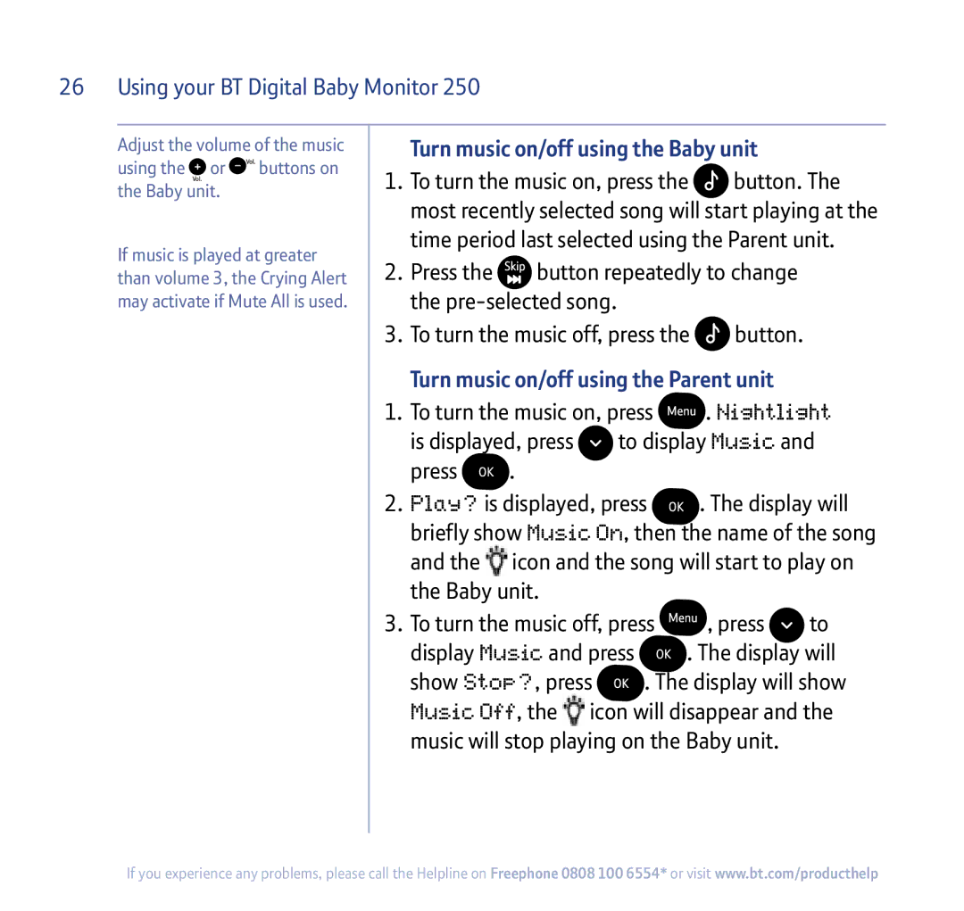 BT 250 Turn music on/off using the Baby unit, Turn music on/off using the Parent unit, Show Stop?, press Display will show 