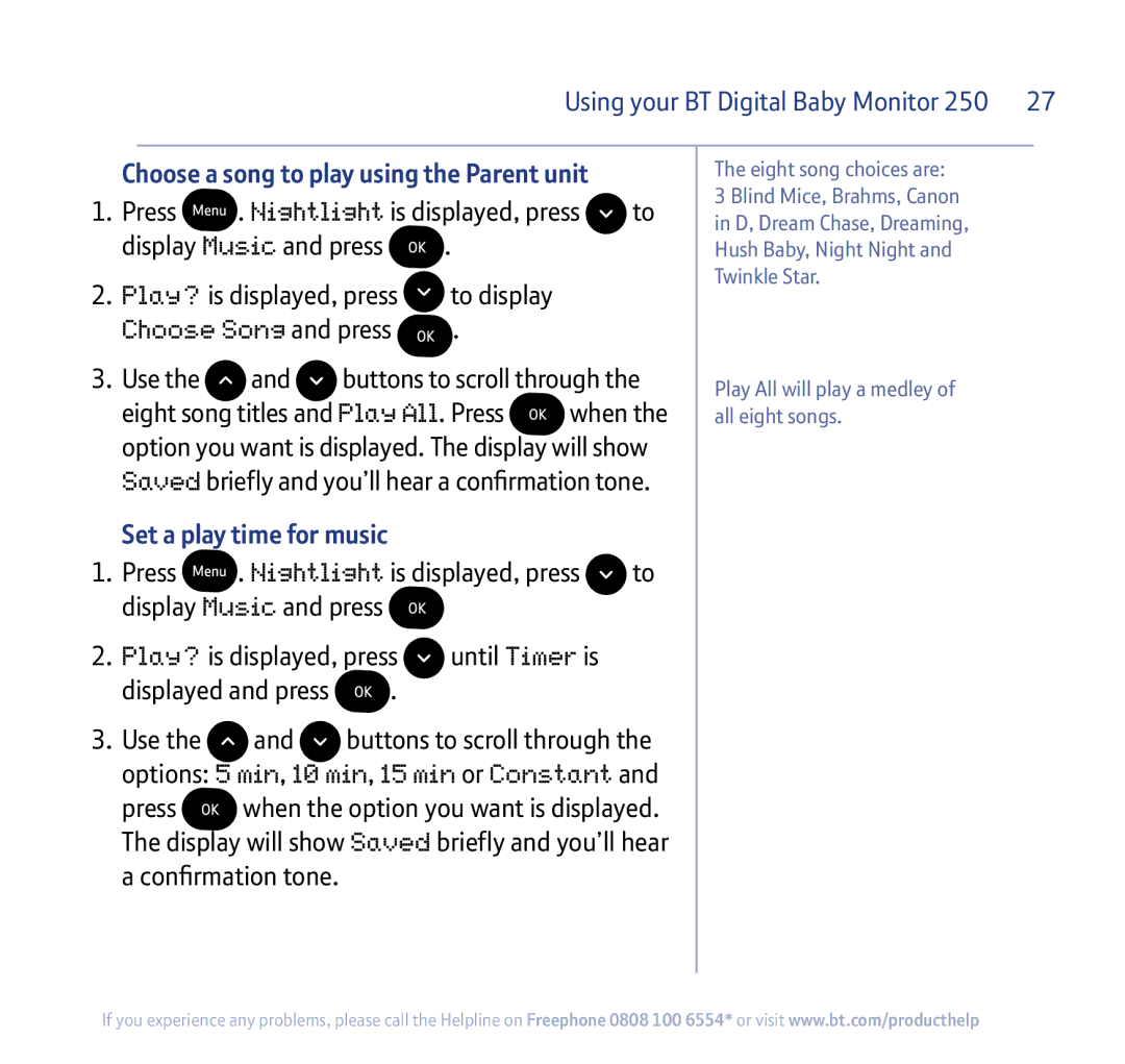 BT 250 manual Choose a song to play using the Parent unit, Set a play time for music 