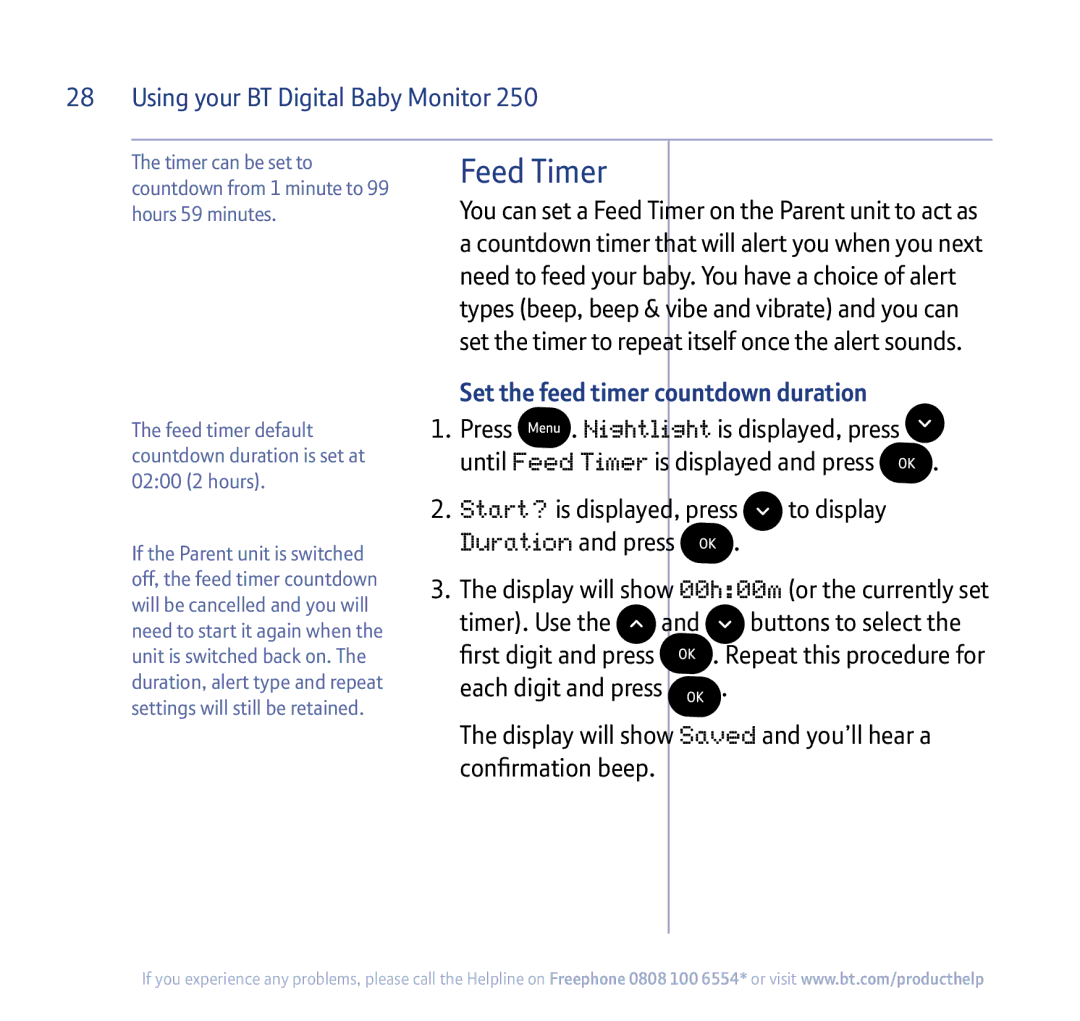 BT 250 manual Feed Timer, Set the feed timer countdown duration 