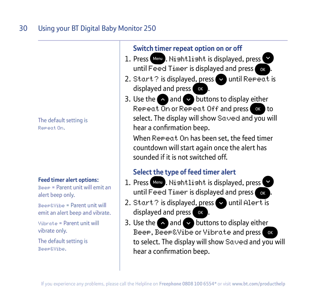 BT 250 manual Switch timer repeat option on or off, Select the type of feed timer alert 