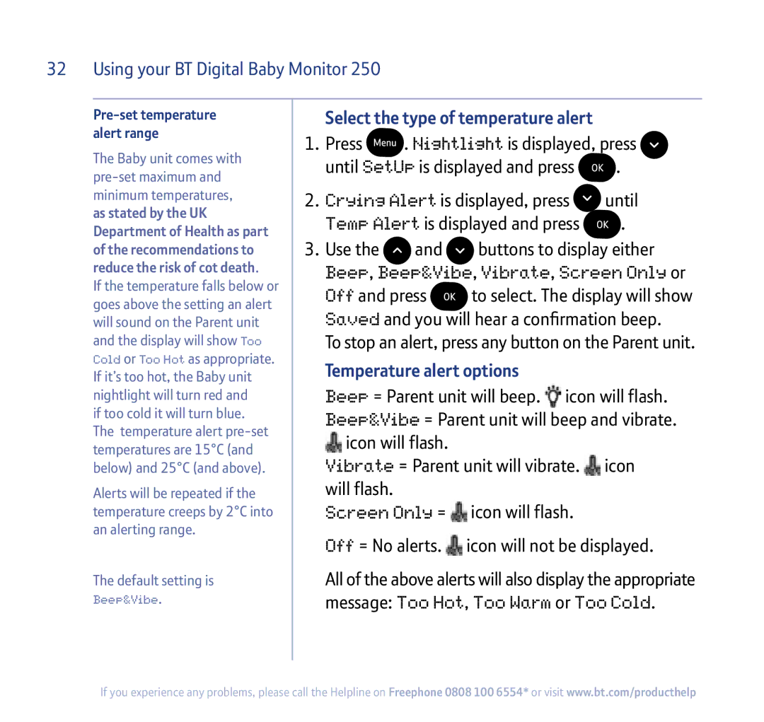 BT 250 manual Select the type of temperature alert, Temperature alert options 