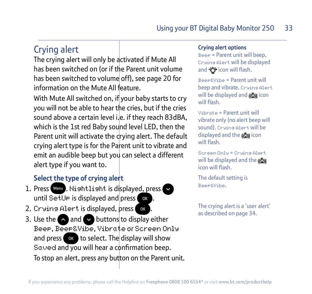 BT 250 manual Select the type of crying alert, Crying alert options 