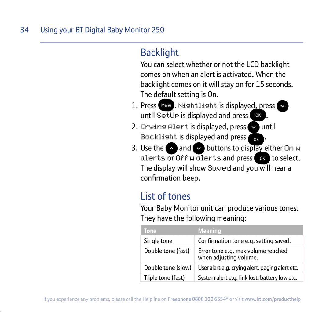 BT 250 manual Backlight, List of tones 