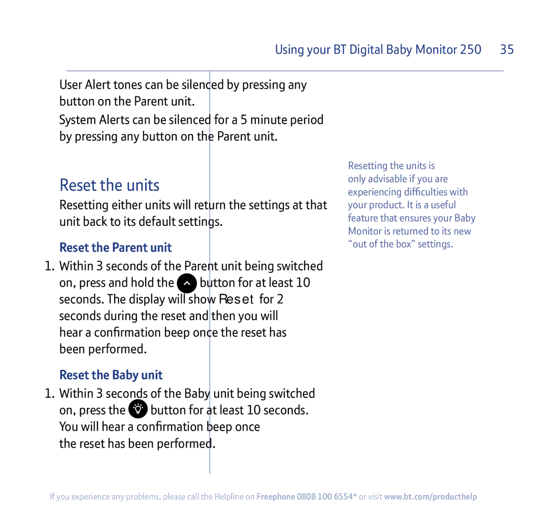 BT 250 manual Reset the units, Reset the Parent unit, Reset the Baby unit, Within 3 seconds of the Baby unit being switched 