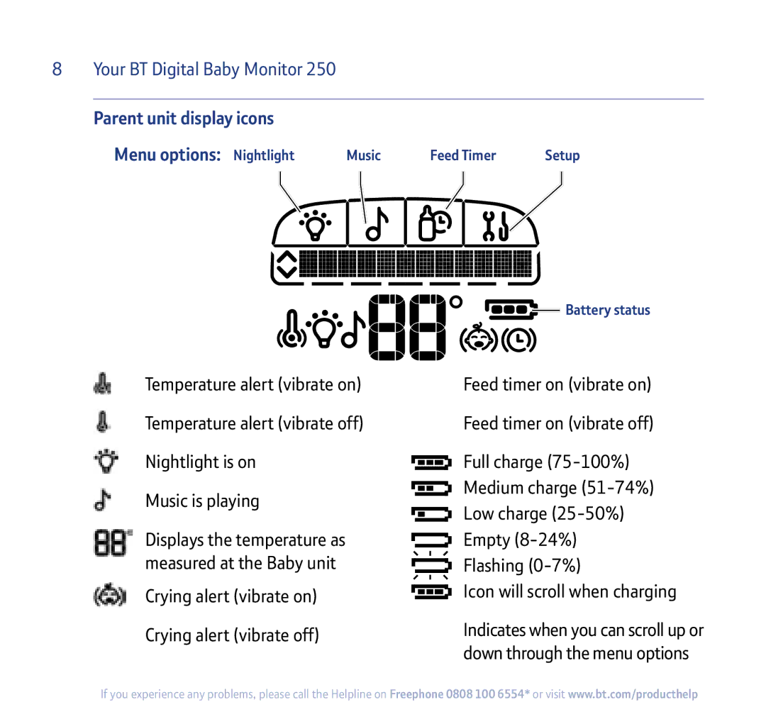 BT 250 Parent unit display icons Menu options Nightlight, Crying alert vibrate on Crying alert vibrate off, Battery status 