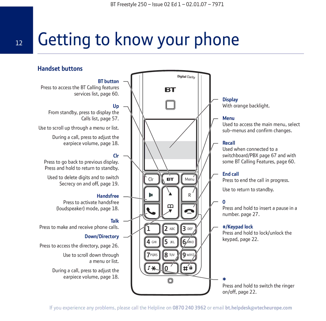 BT 250 manual Getting to know your phone, Handset buttons 