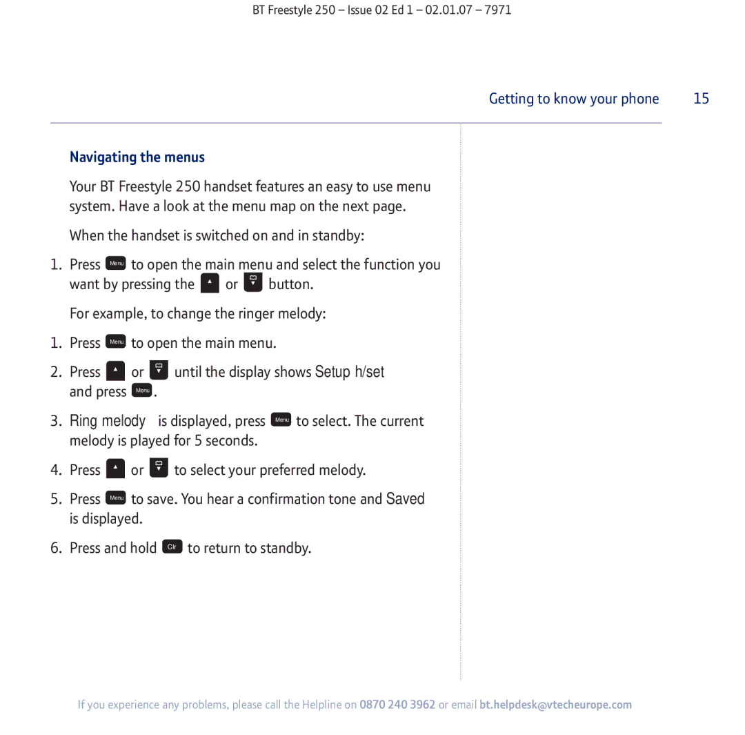 BT 250 manual Navigating the menus 