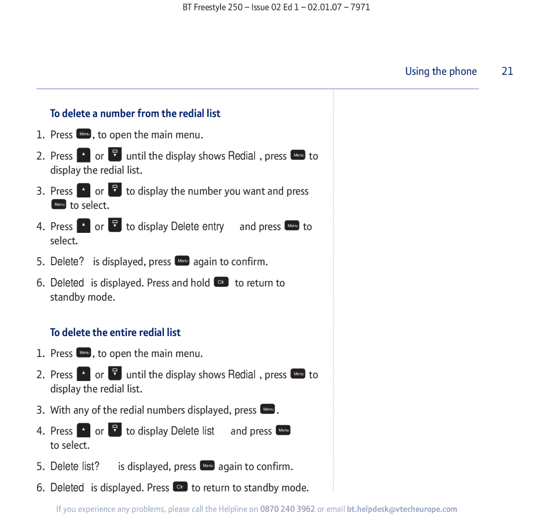 BT 250 manual To delete a number from the redial list, To delete the entire redial list 