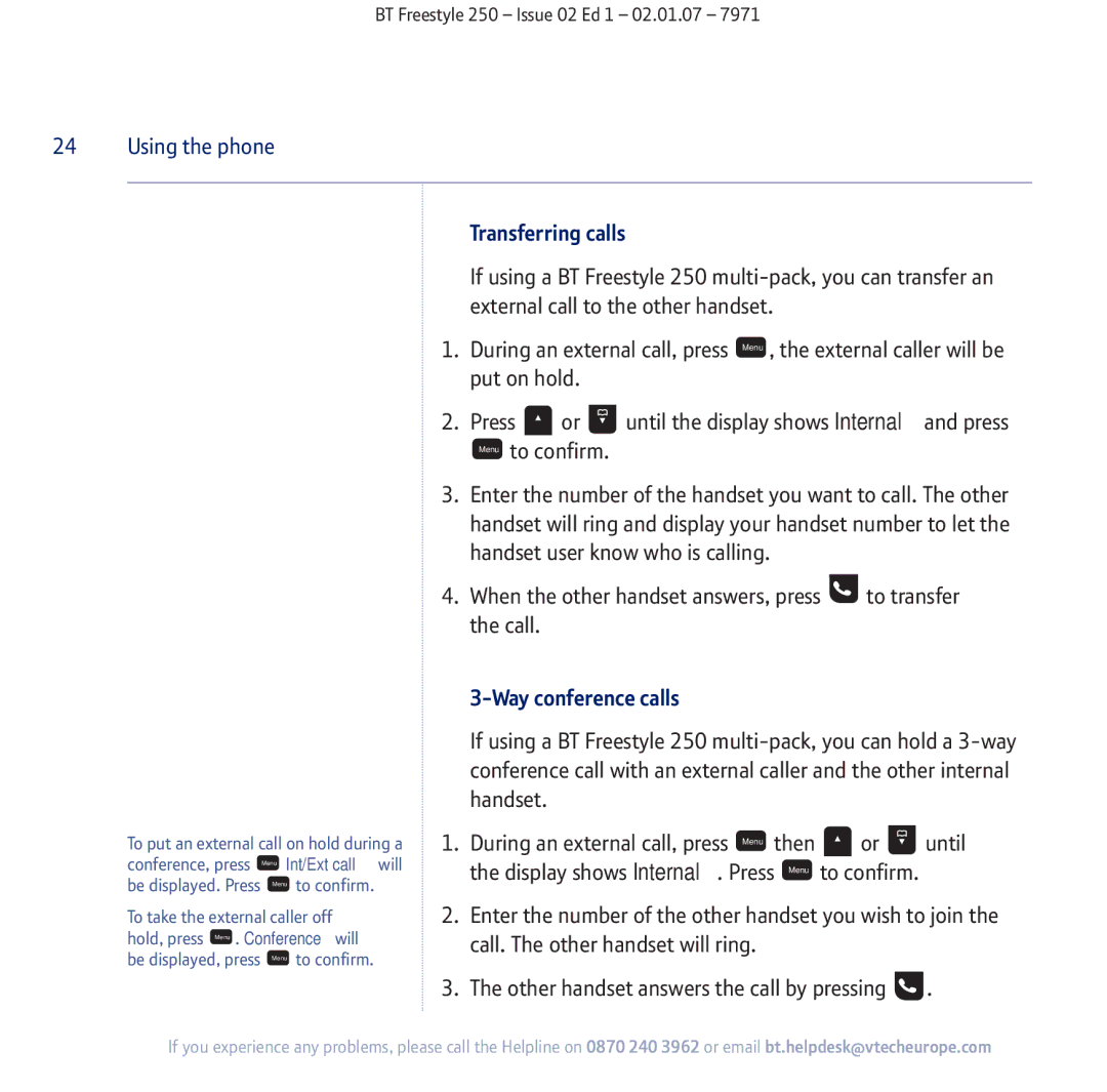 BT 250 manual Transferring calls, Way conference calls 
