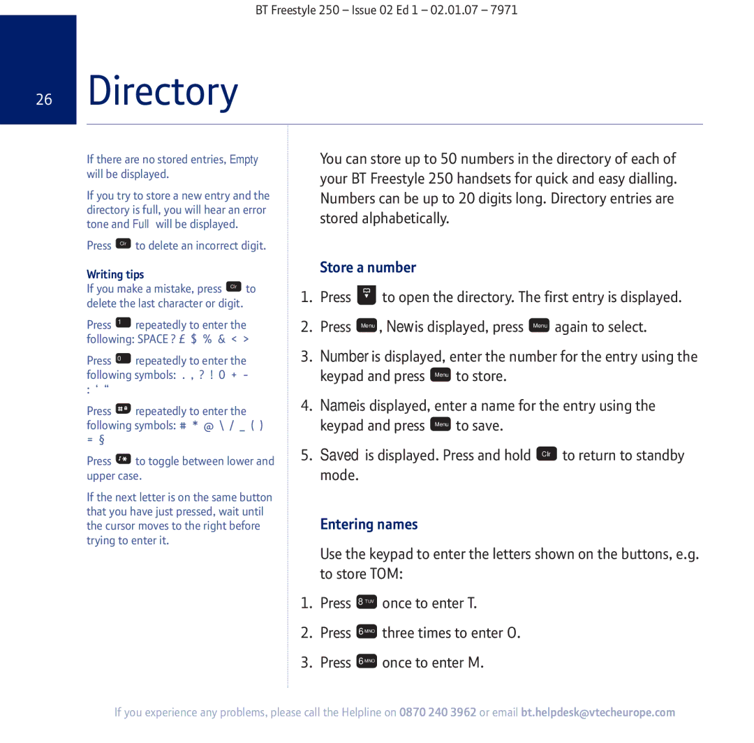 BT 250 manual Directory, Store a number, Entering names, Writing tips 