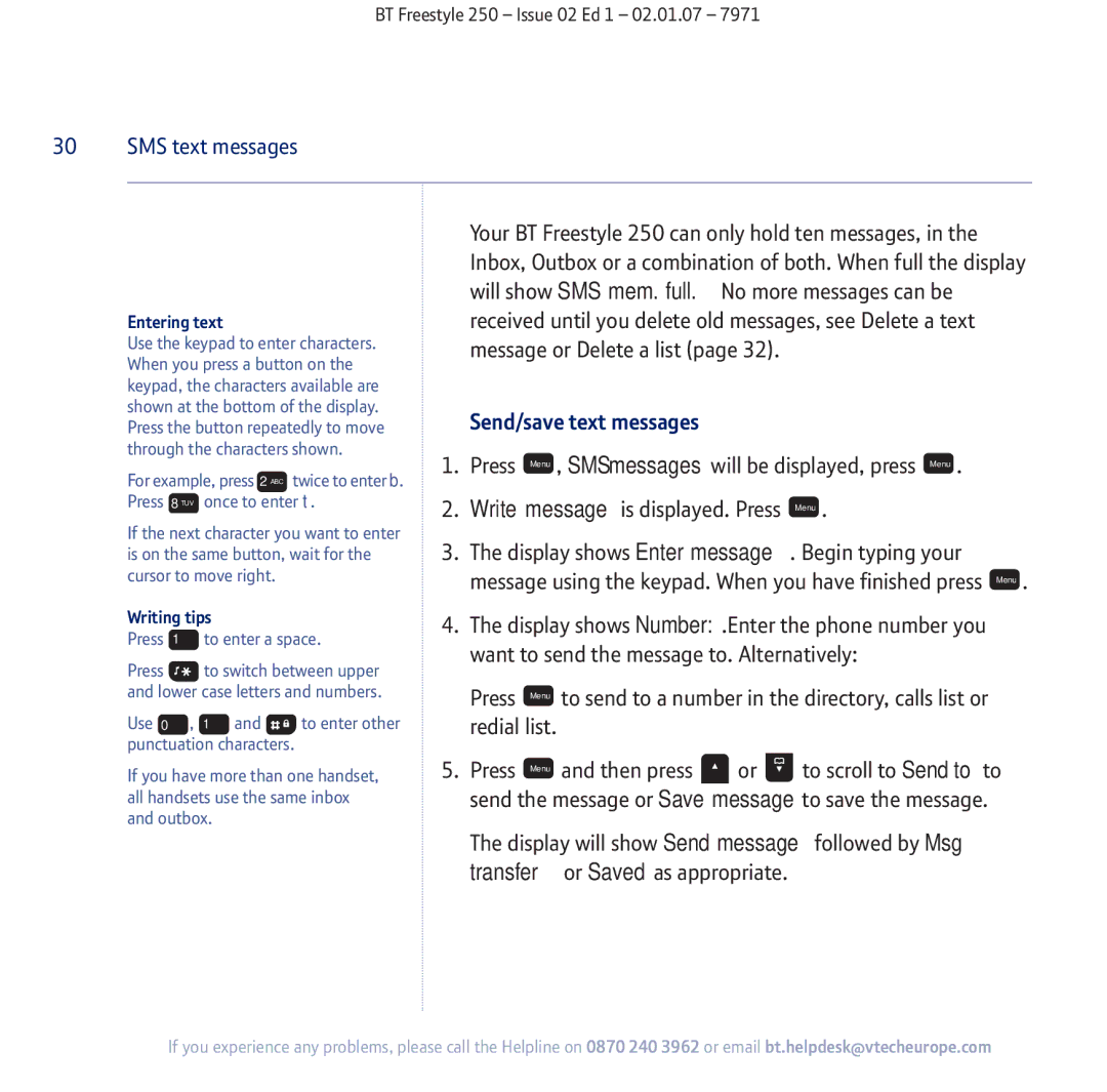 BT 250 manual Send/save text messages 