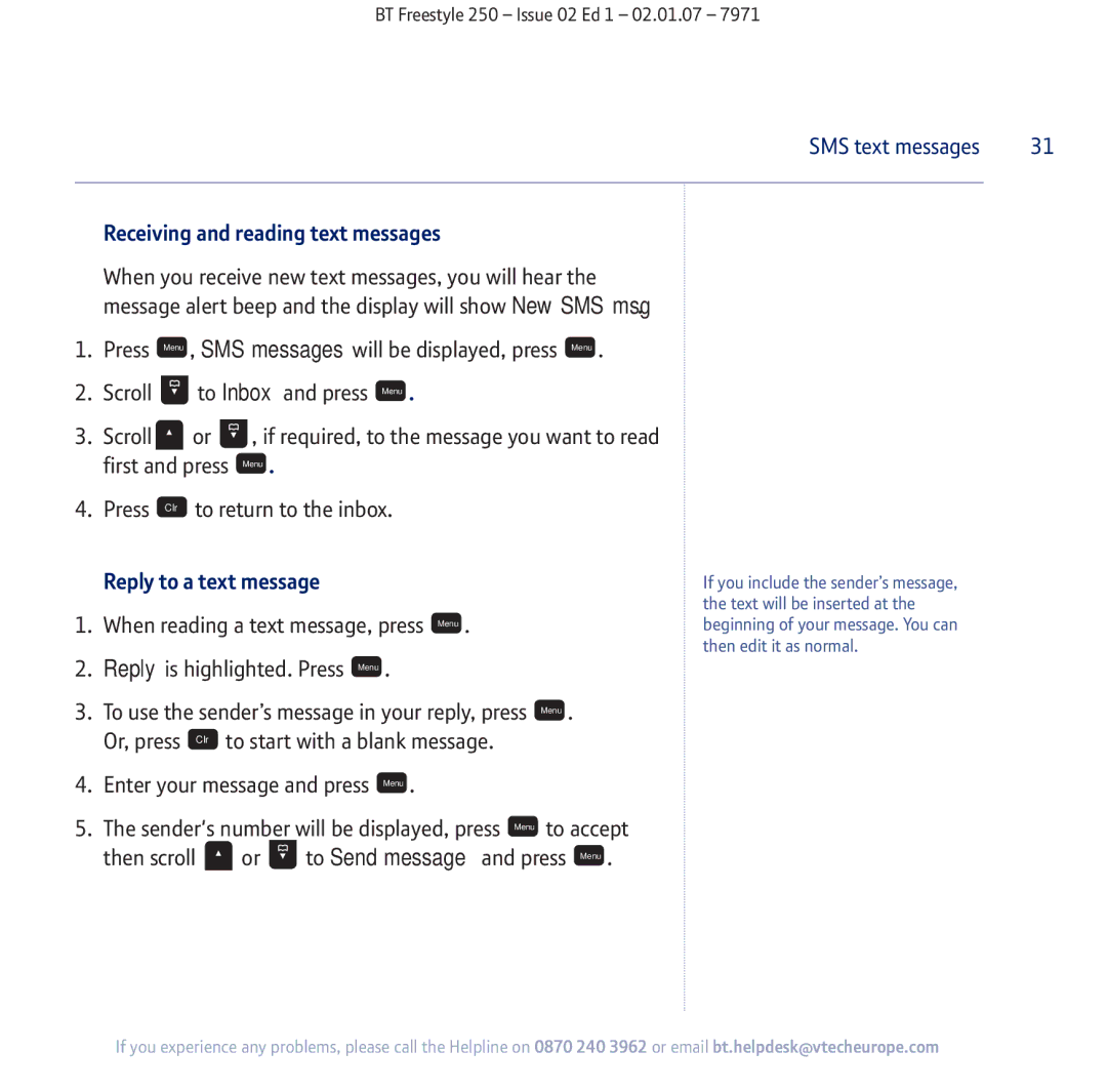 BT 250 manual Receiving and reading text messages, Reply to a text message, When reading a text message, press Menu 