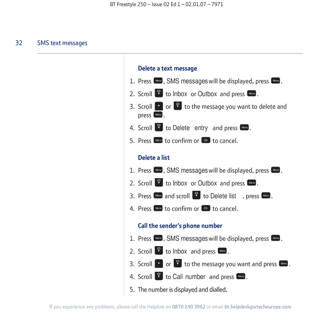 BT 250 manual Delete a text message, Delete a list, Call the sender’s phone number 