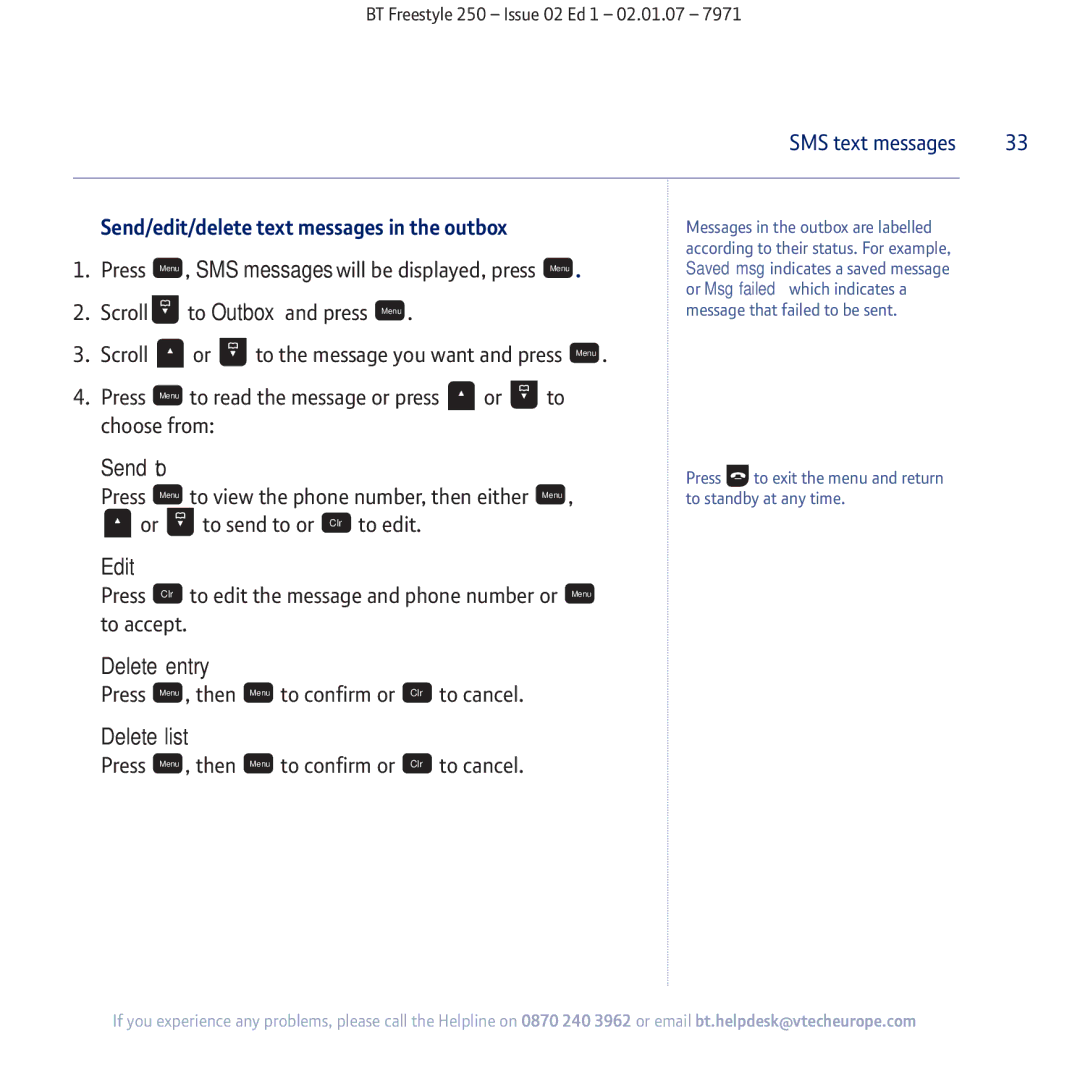 BT 250 manual Send/edit/delete text messages in the outbox 