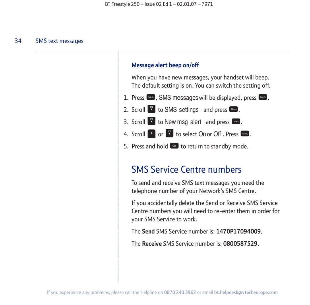 BT 250 manual SMS Service Centre numbers, Message alert beep on/off 