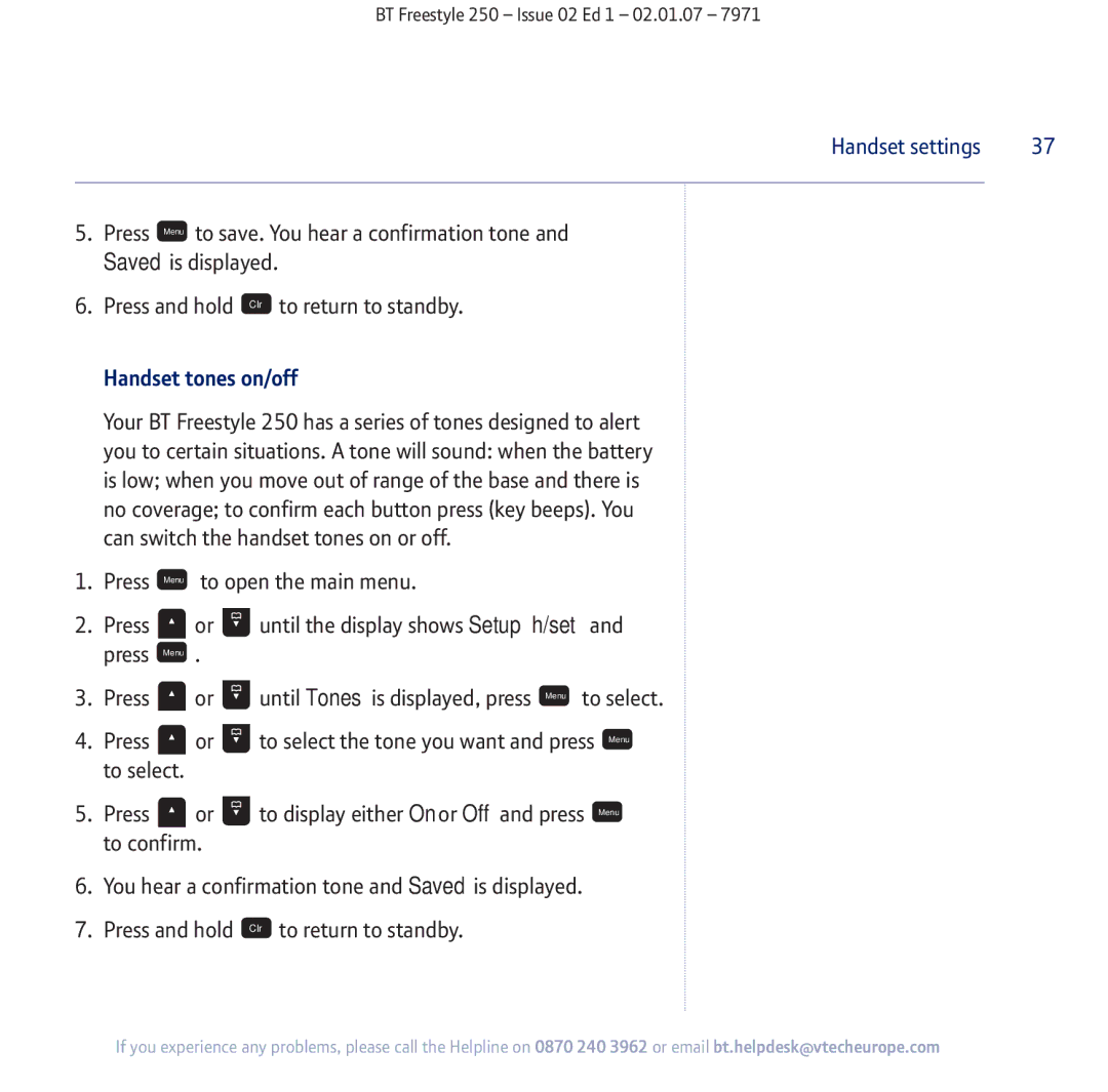 BT 250 manual Handset settings, Handset tones on/off 