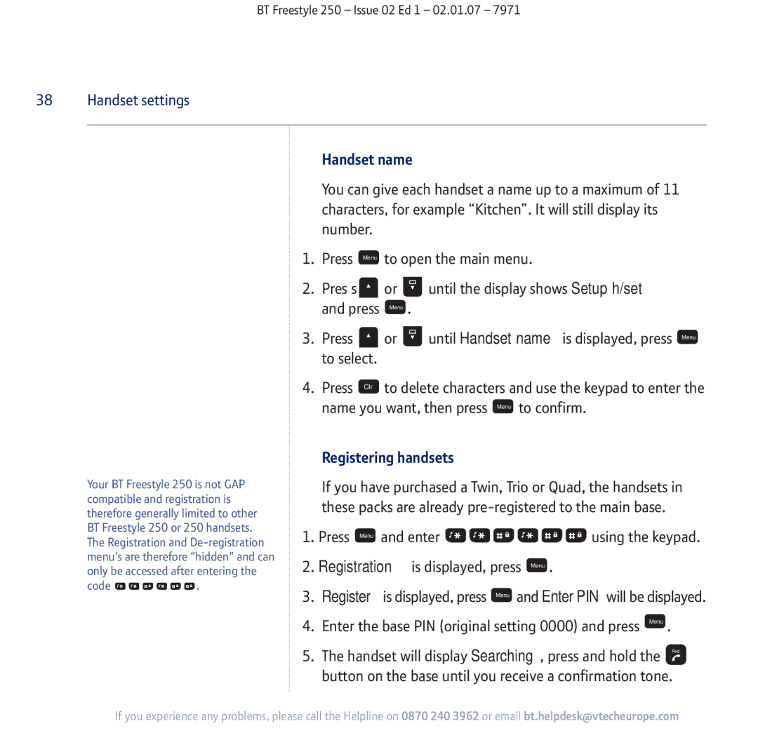 BT 250 manual Handset name, Registering handsets 