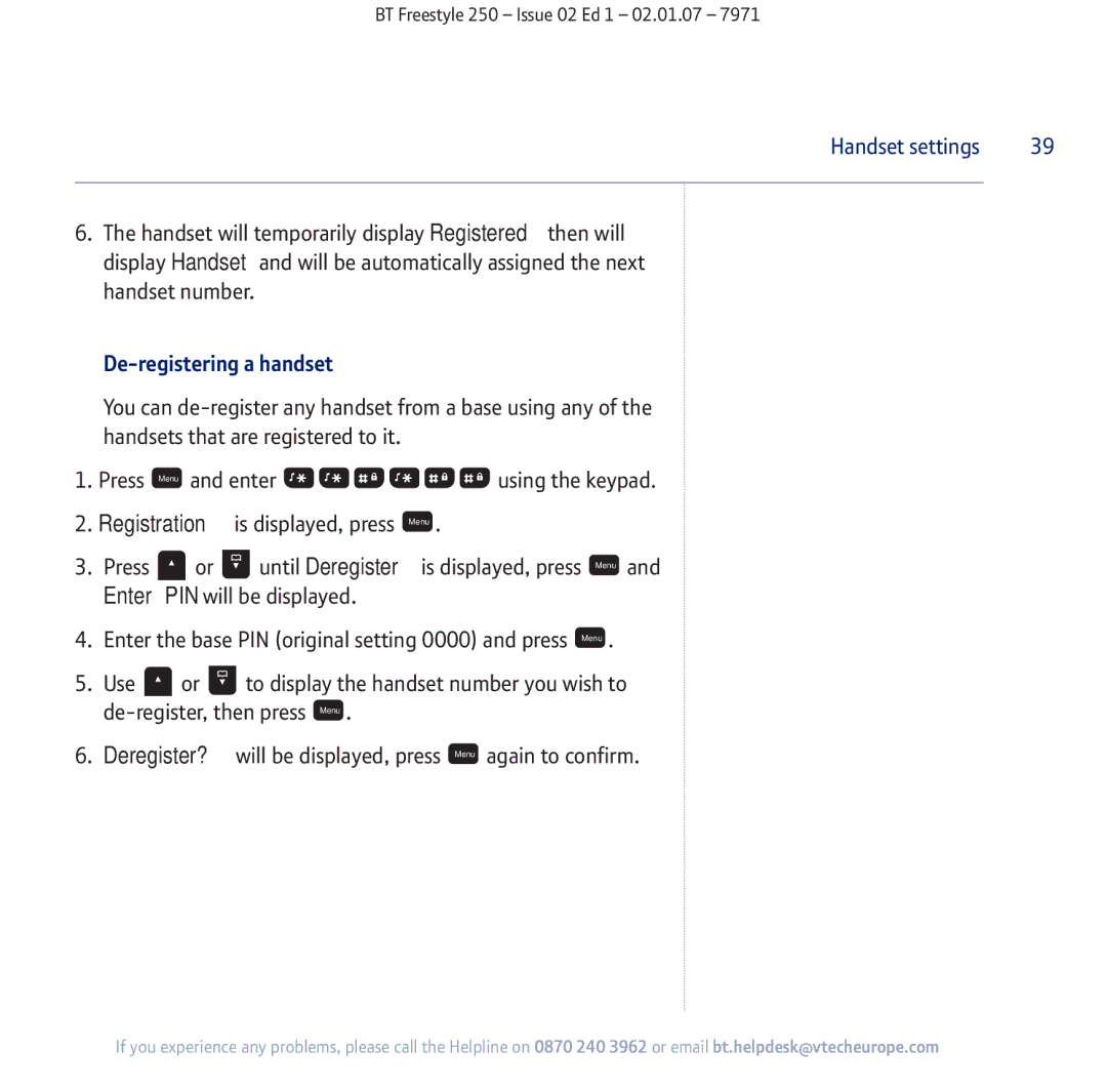 BT 250 manual De-registering a handset 