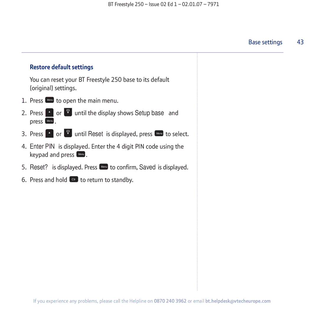 BT 250 manual Restore default settings 