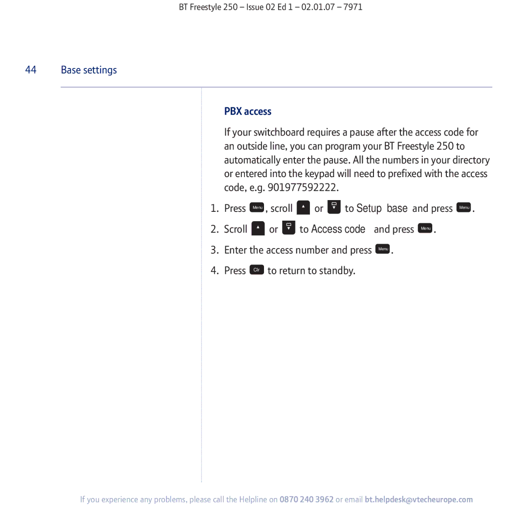 BT 250 manual PBX access 