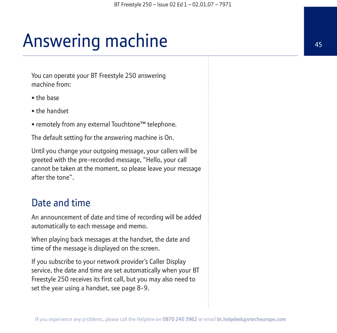 BT 250 manual Answering machine, Date and time 