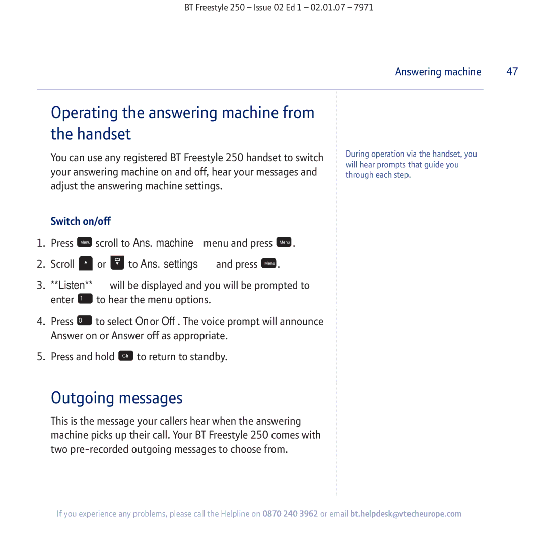 BT 250 manual Operating the answering machine from the handset, Answer on or Answer off as appropriate 