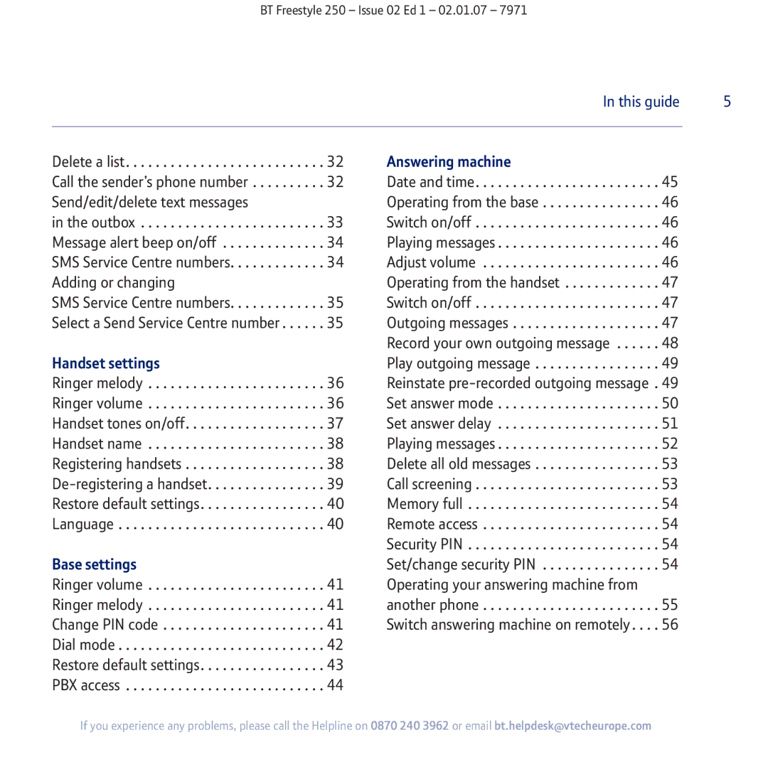 BT 250 manual Answering machine, Handset settings, Base settings 