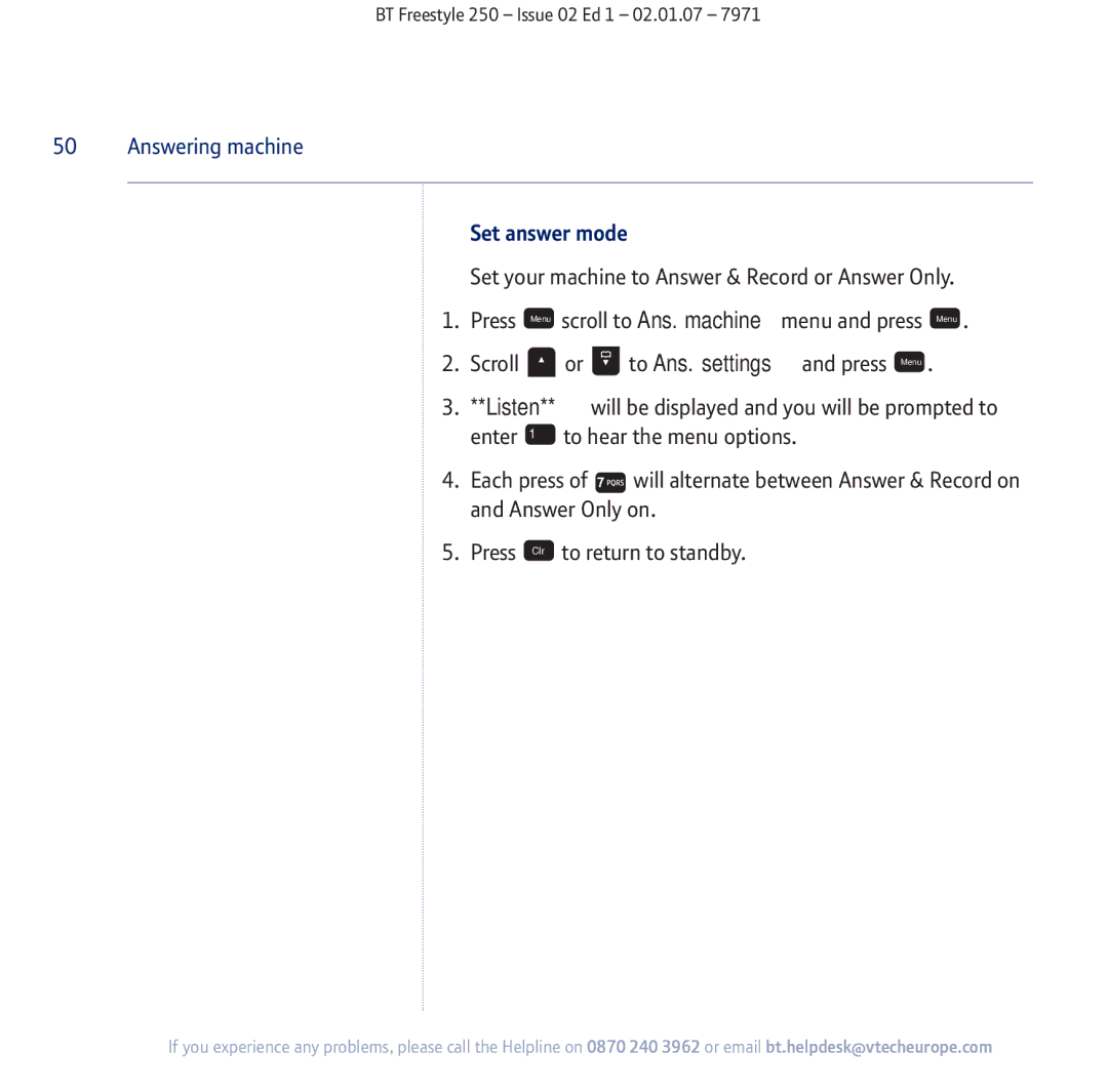 BT 250 manual Set answer mode 