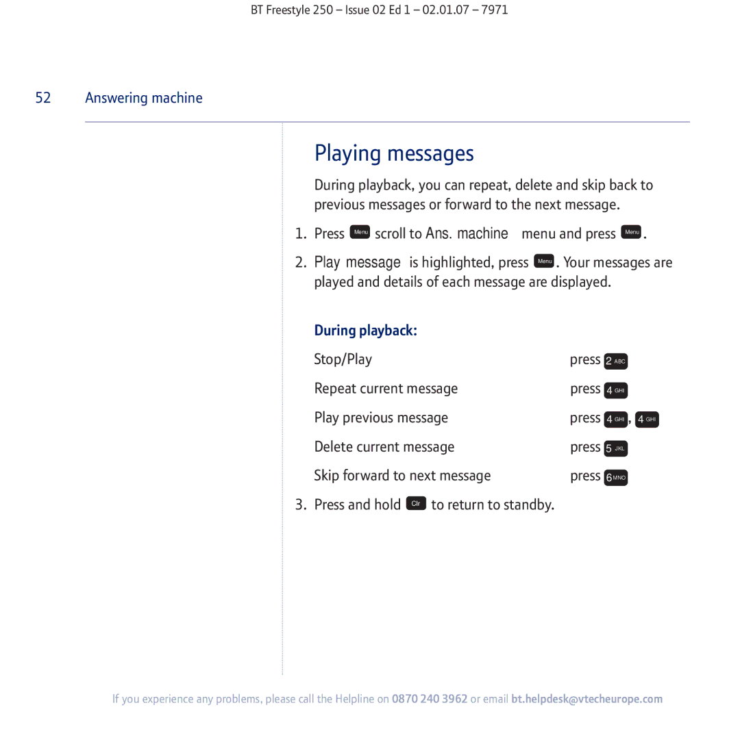 BT 250 manual Playing messages, During playback 