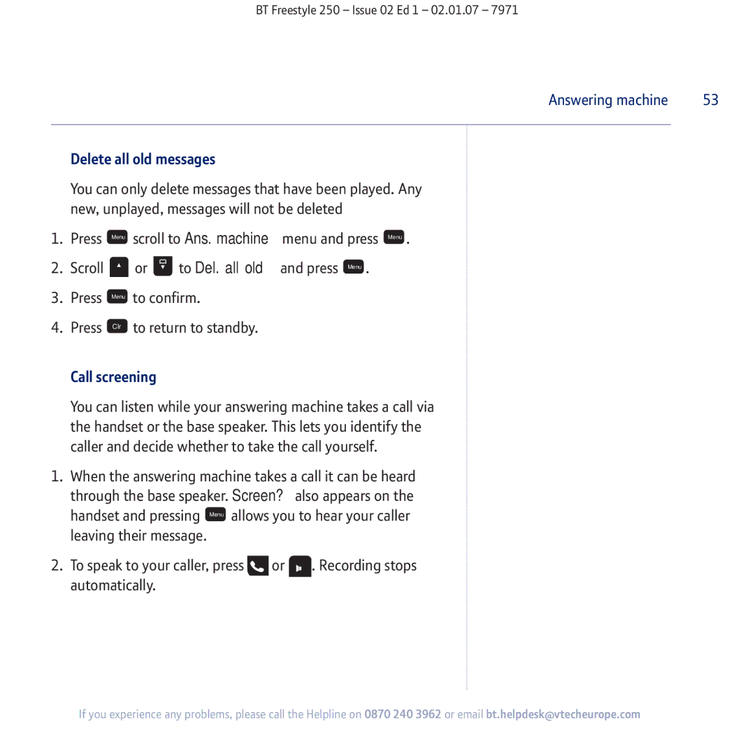 BT 250 manual Delete all old messages, Call screening 